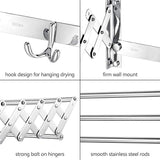 Merya Folding Clothes Drying Rack Wall Mount, Retractable 304 Stainless Steel Laundry Drying Rack/Bathroom Towel Rack with Hooks, Rustproof Space-Saving Clothes Hanger Rack for Indoor Outdoor Use