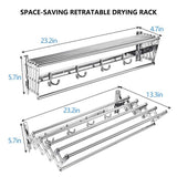 Merya Folding Clothes Drying Rack Wall Mount, Retractable 304 Stainless Steel Laundry Drying Rack/Bathroom Towel Rack with Hooks, Rustproof Space-Saving Clothes Hanger Rack for Indoor Outdoor Use