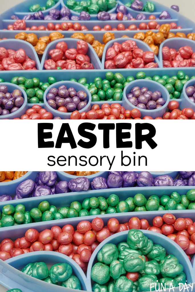 Easter Sensory Bin with Colorful Chickpeas and Soybeans