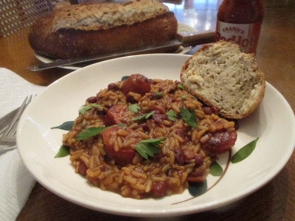 Leftovers - Red Beans and Rice w/ Smoked Turkey Sausage and Baked Garlic Loaf Bread