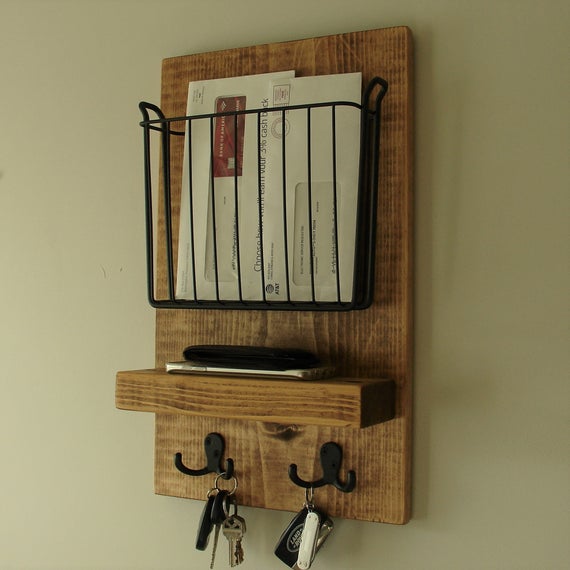 Simply Rustic Mail Organizer Shelf with Magazine Basket and Key Hooks by KeoDecor