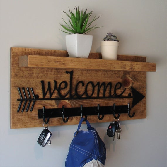 Rustic Entryway Coat Rack Shelf with Black Welcome and 6 Rail Hooks by KeoDecor