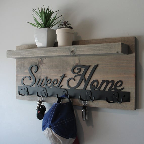 Rustic Entryway Coat Rack Shelf with Matte Black Sweet Home and 5 Dual Hooks by KeoDecor