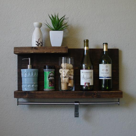 Modern Rustic 2 Tier Spice Rack Shelf w/ 23" Pot Rack Bar & 5 Hanging Hooks by KeoDecor