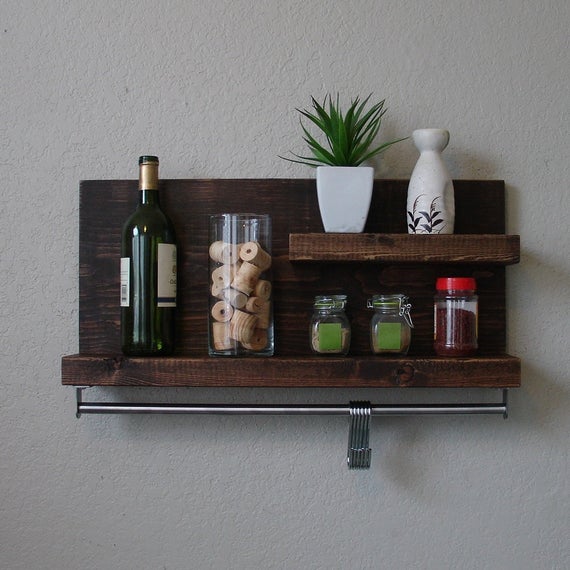 Modern Rustic 2 Tier Spice Rack Shelf w/ 23" Pot Rack Bar & 5 Hanging Hooks by KeoDecor