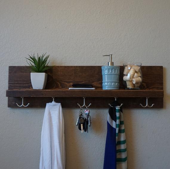 Modern Rustic Entryway Coat Rack with Floating Shelf and Hanging Hooks by KeoDecor