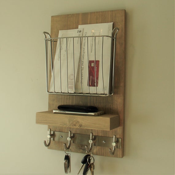 Rustic Entryway Mail Organizer Shelf with Magazine Rack and Key Hooks by KeoDecor