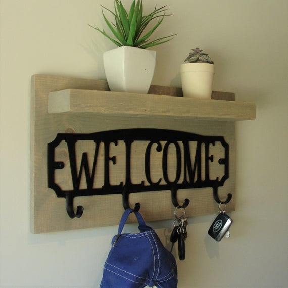 Rustic Entryway Coat Rack Shelf with Matte Black WELCOME and 4 Hooks by KeoDecor