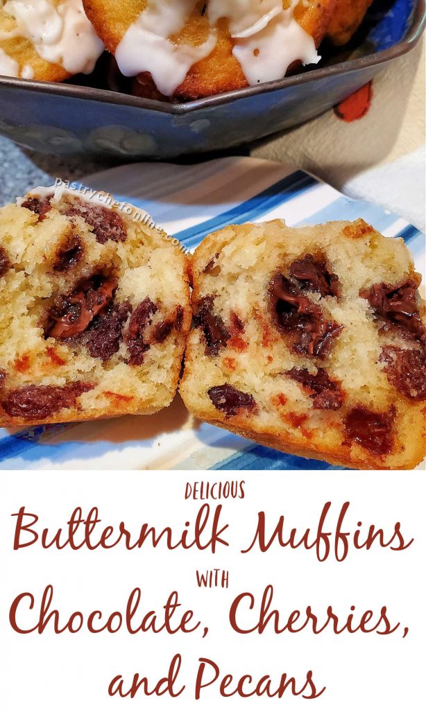 Today, I’m excited to bring you a great recipe for buttermilk muffins! You can really add any mix-ins to the batter than you’d like, but I settled on milk chocolate chip muffins with dried sour cherries and chopped, toasted pecans
