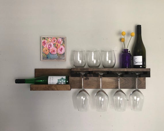 Rustic Wood Wine Rack | The Kaitlyn | Wall Mounted Shelf, Stemware, Stemless Wine Glass Holder Wine Bottle Organizer Unique by DistressedMeNot