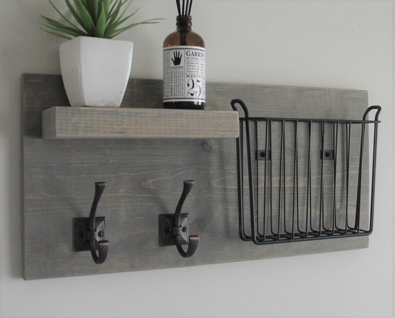 Rustic Mail Organizer Shelf with Magazine Rack and Coat Hooks by KeoDecor