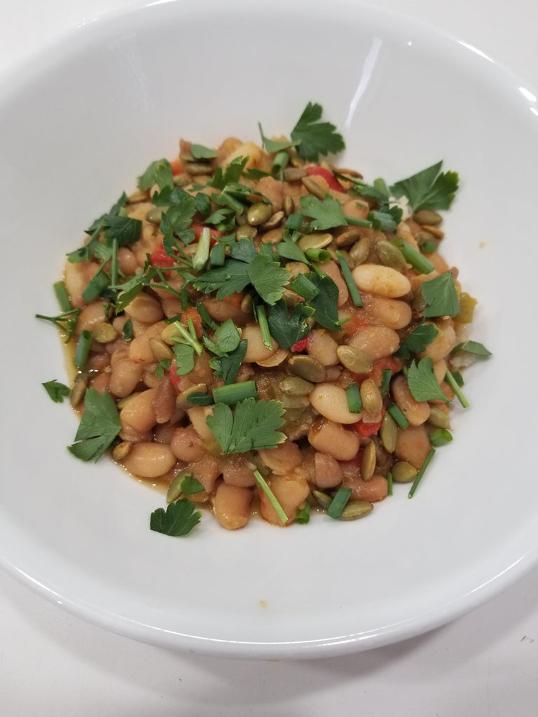 Cranberry Beans with Tequila, Green Chiles, and Pepitas
