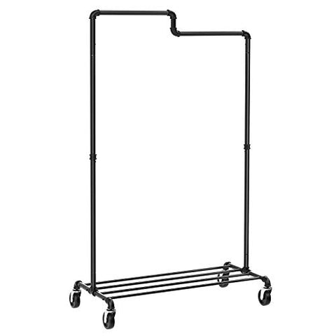 SONGMICS Clothes Garment Rack Heavy Duty , Industrial Style Pipe Clothing Rack, Garment Rack with Wheels, Shelf, for Store, Closet, Entryway, Living Room, Black UHSR63BK
