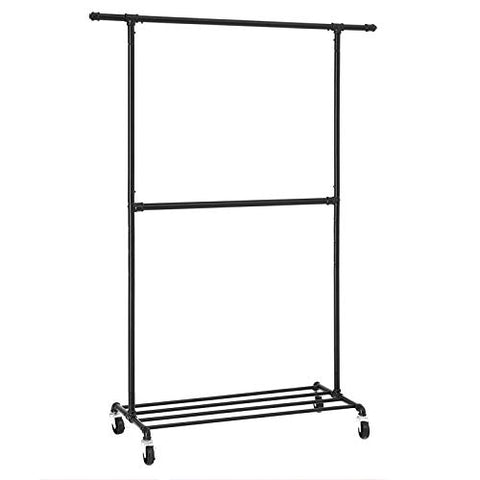 SONGMICS Industrial Style Clothes Garment Rack on Wheels, Double Hanging Rod Metal Clothing Rack, Heavy Duty Commercial Display, Black UHSR62BK