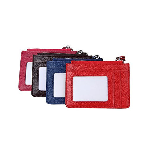 Zhi Jin 1Pc Leather ID Badge Holder Key Ring Bus Credit Card Sleeves Protectors Wallet Organizer Case with Zipper Office Travel Red