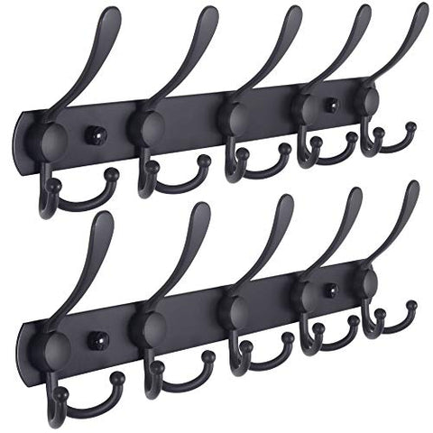 Dseap Coat Rack Wall Mounted - 5 Tri Hooks, Heavy Duty, Stainless Steel, Metal Coat Hook Rail for Coat Hat Towel Purse Robes Mudroom Bathroom Entryway (Black, 2 Packs)