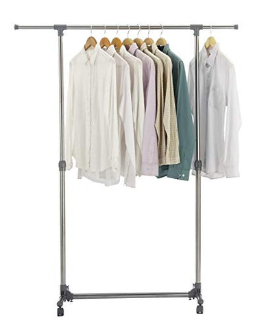 Finnhomy Stainless Steel Adjustable Rolling Garment Rack, Single Rail Rolling Clothes Rack, Extensible Clothing Hanging Rack with Industrial Wheels