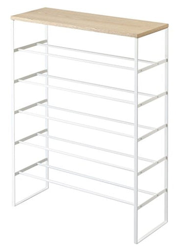 Modern Large Metal Tower Shoe Rack, Free Standing, Six Storage Shelves, Wooden Top Shelf, White, 34-inch