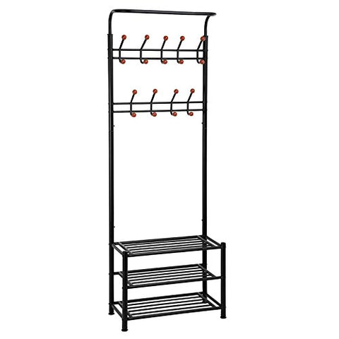 SONGMICS Entryway Coat Rack with Storage Shoe Rack Hallway Organizer 18 Hooks and 3-Tier Shelves Metal Black