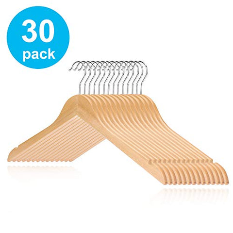 HKLIVE Solid Wooden Hangers Adult Size Non-Pants Bar Coat Hangers Natural Color 30 Pack