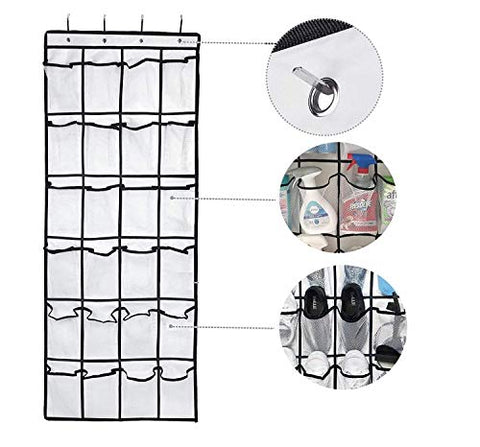 Over the Door Hanging Shoe Organizer, 24 Large Mesh Pockets Shoes Storage and Closet Organizer With 4 Unique Customized Strong Metal Hooks for Kitchen Accessory Holder - Space Saving Solution (White)