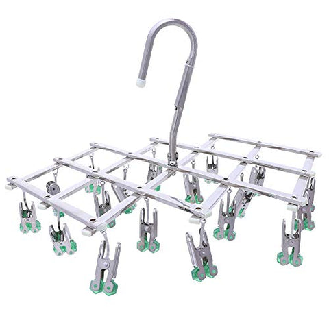 qinglele Drying Hanger,Hanging Drying Rack,Drip Hanger Stainless Steel with 18 Pegs for Laundry Underwear Socks Bra Panty,Quickly Remove Clothes from Hanger,Windproof,Folding Portable,Green