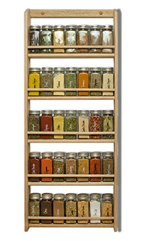 EMS Solid OAK Wood Spice Rack Organizer, 5 Tier Wall Mounted - Seasoning Storage for Pantry and Kitchen - Natural Finish (32.75"H X 13.75"W x 2.75"D)