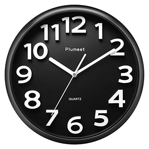 Plumeet Large Wall Clock, 13" Silent Non-Ticking Quartz Decorative Clocks, Modern Style Good for Living Room Home Office Battery Operated (Black)
