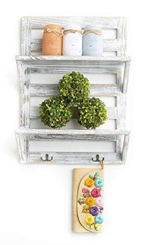 Rustic Farmhouse Entry Way White Wash Shelf with Key Holders, Kitchen Shelf - 2 Tier (White Wash, Entry Way)