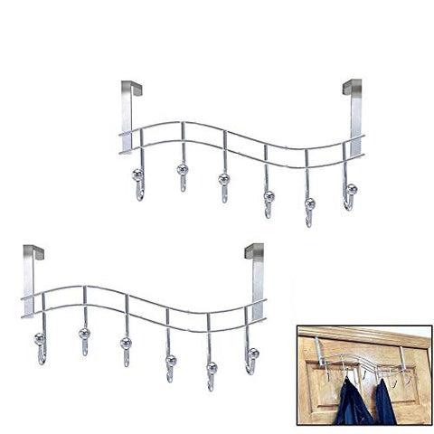 Pack of 2 Over the Door Rack with Hooks , 6 Hangers for Towels Coats Clothes Robes Ties Hats, Bathroom Closet Extra Long Heavy Duty Gauge Steel Space Saver Mudroom Organizer