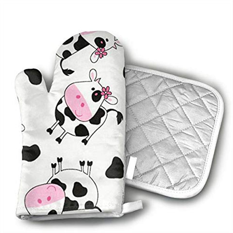 QEDGC Cute Tossed Cows White Baking Anti-Hot Gloves Oven Microwave Mitts Pot Holder Mat