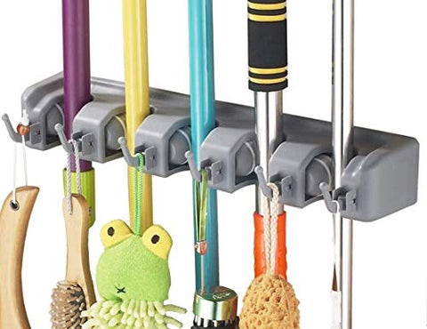 Hulless Broom Holder, Wall Mounted Orgnizer Storage Hooks, Mop Storage Tool Rack with 5 Ball Slots and 6 Hooks. 2pcs