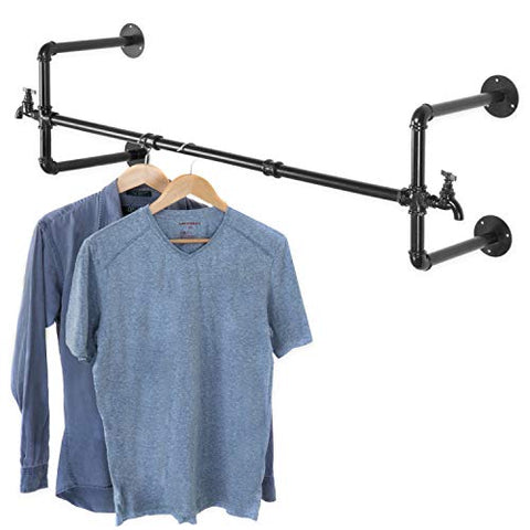 MyGift Wall-Mounted Black Metal Pipe & Faucet Design 39-Inch Garment Hanging Bar
