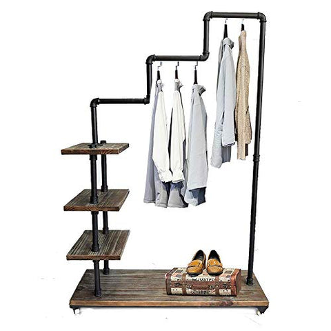 Diwhy Industrial Pipe Clothing Rack Pine Wood Shelving Shoes Rack Cloth Hanger Pipe Shelf Garment Racks (Style 4)