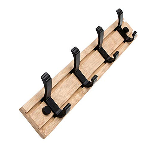 100% Natural Bamboo Coat Rack, Wall-Mounted Heavy Duty Movable Coat Hooks, Towel Bag Key Holder Hanger Hook Rack for Entryway Bedroom Bathroom (4 Hooks)