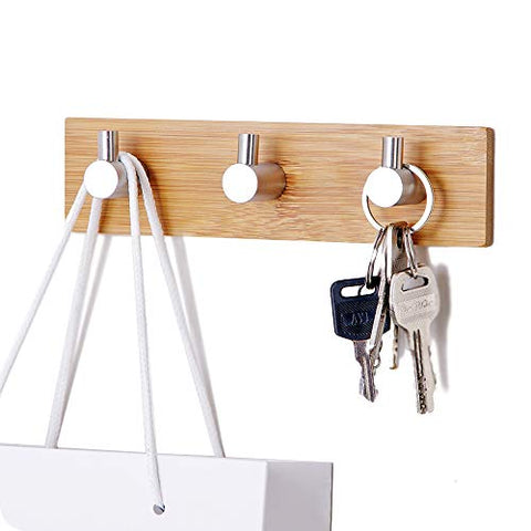 Self-Adhesive Key Holder for Wall, Small Wall Hook Rack Stainless Steel for Kitchen Bathroom Cabinet, Modern Decorative Natural Bamboo Key Rack Holder Organizer for Towel Robe