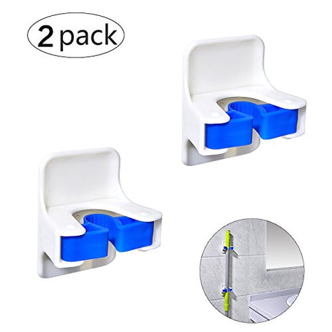 Broom Mop Grippers - Senfhome 2 Pack Mop Hooks Strong Self Adhesive Wall Mounted Multi-functional Mop and Broom Holder Clip for Home Office Garden Tools Holders. 2 - Grippers