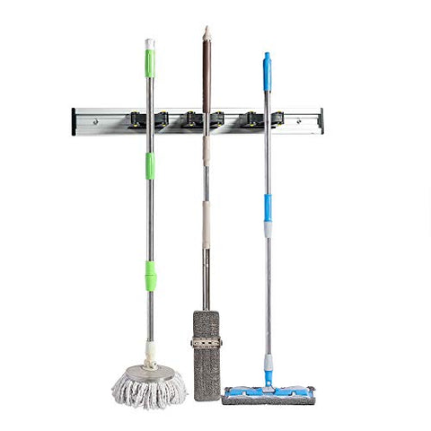 Home Master Hardware 16" Broom Mop Holder Garage Storage Organizer with Screws, Multifunctional Wall Mount Aluminum Organizer Kitchen Hanging Garage Shed Tool Rack with 3 Sliding Grippers