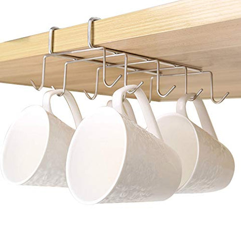 Misszone Mug Holder Under Shelf with 10 Hooks Chrome Silver Coffee Cups Wine Glasses Storage Drying Rack Under Cabinet Without Drilling for Kitchen Organizer for Ties and Belts