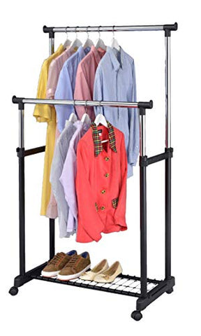 Finnhomy Double Rail Adjustable Rolling Garment Rack with Bottom Shelf - Clothes Hangers with Wheels - Rolling Clothes Organizer, Black and Chrome