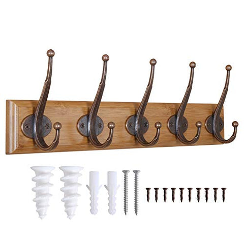 WEBI Coat Rack Wall Mounted,5 Hooks for Hanging Coats,Wood Coat Hanger Wall Mount,Hook Rack,Hook Rail,Coat Hook for Hats,Jacket,Towel,Clothes,Antique Copper