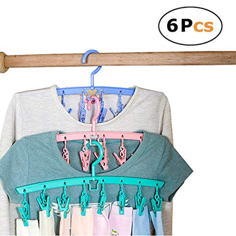 In kds Clothes Hangers Multifuciton Stackable Drying Rack 8 Clips Home Outdoor Travel Random Colours (Pack of 6)