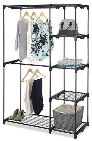 Whitmor Freestanding Portable Closet Organizer – Heavy Duty Black Steel Frame - Double Rod Wardrobe Cloths Storage With 5 Shelves & Shoe Rack for Home or Office – Size: 45-1/4 x 19-1/4 x 68”