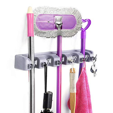 Finefurniture Mop Broom Holder Wall Mounted Kitchen Tool Organizer and Storage Rack for Commercial Bathroom Laundry Room Closet Gardening, Grey
