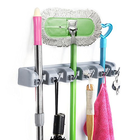 HOMEIDEAS Broom and Mop Holder Wall Mounted Garden Tool Rack Garage Storage & Organizer 5 Position with 6 Hooks