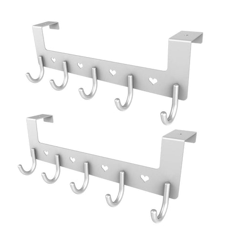 2 Packs Dosens Over The Door Organizer Rack, Metal Coat Hanger with 5 Hooks - Silver