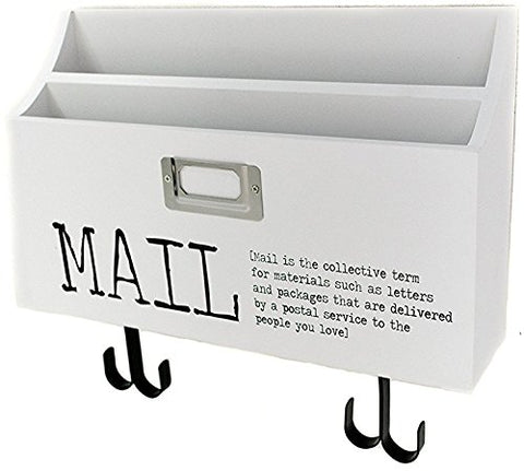 Blu Monaco Mail Organizer Wall Mount with Key Rack Hooks - Wood - Two Tier with Mail Print – for Office, Kitchen, Entryway