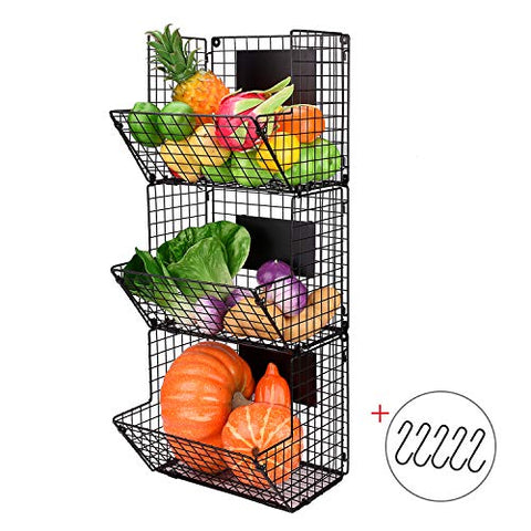 X-cosrack Metal Wire Basket Wall Mount, 3 Tier Wall Storage Basket Organizer with Hanging Hooks Chalkboards, Rustic Kitchen Fruit Produce Bin Rack Bathroom Tower Baskets (Black)