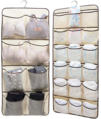 SLEEPING LAMB Dual-Sided Hanging Closet Organizer for Underwear, Stocking, Toiletries Accessories, Bra, Sock, 26 Mesh Pockets & Rotating Metal Hanger, Beige