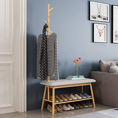 ZHEN GUO Entryway Shoe Bench with Coat Rack, Modern Bamboo Shoe Rack Organizer with Hall Tree Coat and hat Hanger Over The Door (Color : Natural)